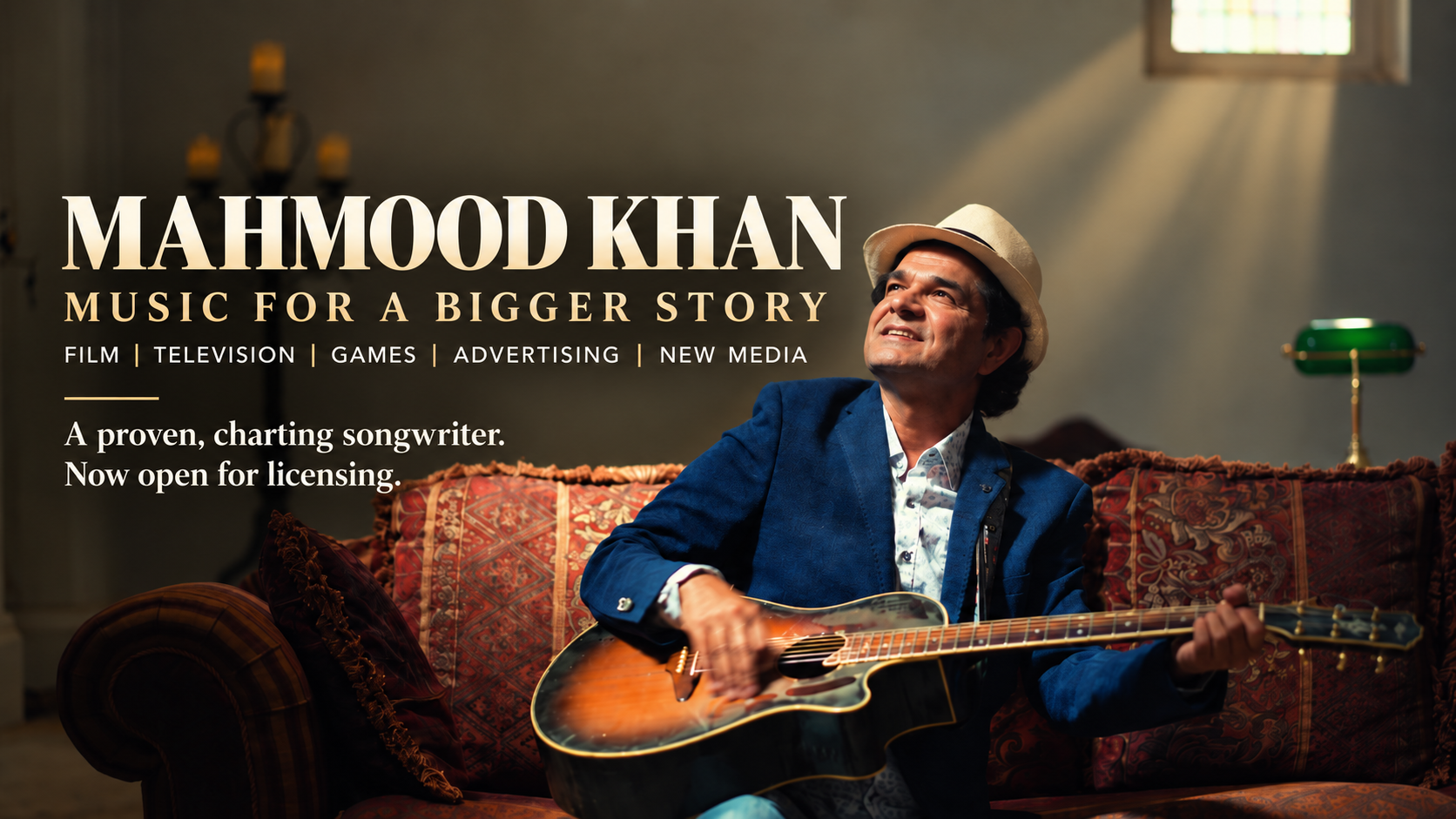 Mahmood Khan playing guitar in a warmly lit room; artwork reads Music for a Bigger Story